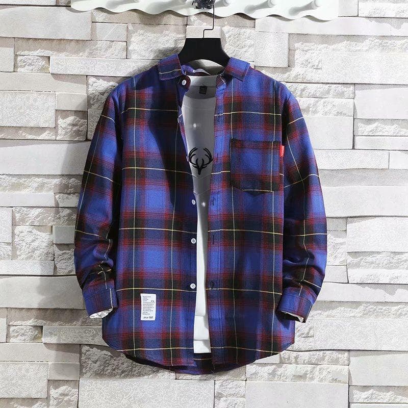 Plaid Men's Long-Sleeve Shirt - Trendy Korean Hong Kong Style 4XL