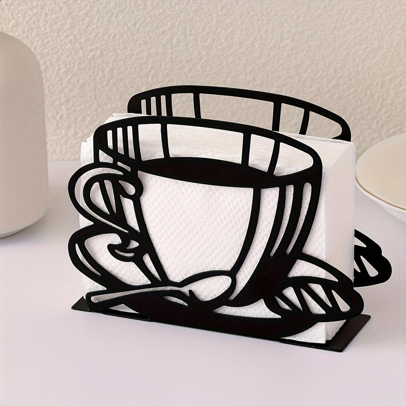 1pcs Coffee Cup Design Iron Napkin Holder Vertical Metal Dining Table Paper Towel Clip for Home, Hotel, or Cafe Decor black