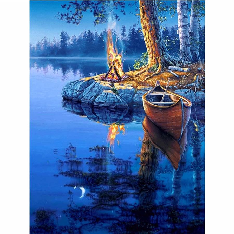 Diamond Painting Scenic Lake boat House Cross Stitch Kit Full Rhinestone Ribbon Embroidery Landscape 20X30CM