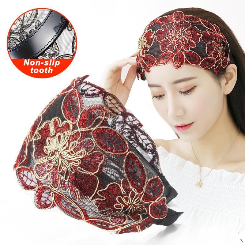 Lace Flowers Headband Wide Women Hair Hoop Head Bands Toothed Non-slip Elastic Hairband Bezel Hair Accessories Headdress