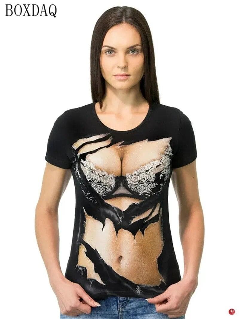 Women Summer Cool T-Shirts Sexy Perspective 3D boobs Print Short Sleeve Ladies T Shirt Summer O-Neck Breast Pattern Street Tops L