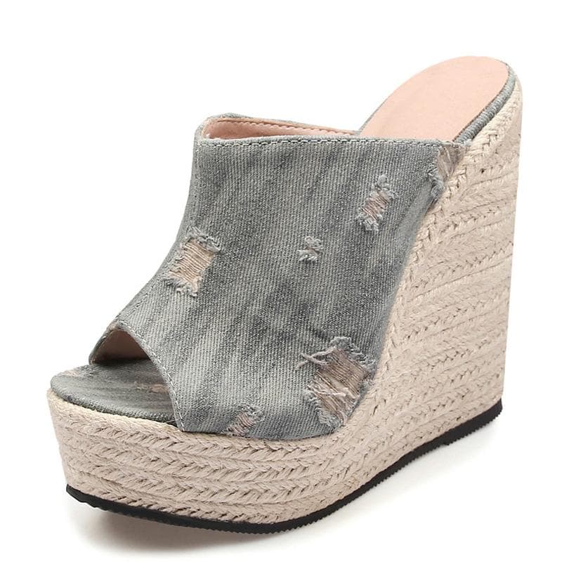 Liyke Summer Blue Denim Women Wedge Heels Platform Slippers Fashion Peep Toe Super High Mules Slides Shoes Ladies Sandals Casual 34 baby blue