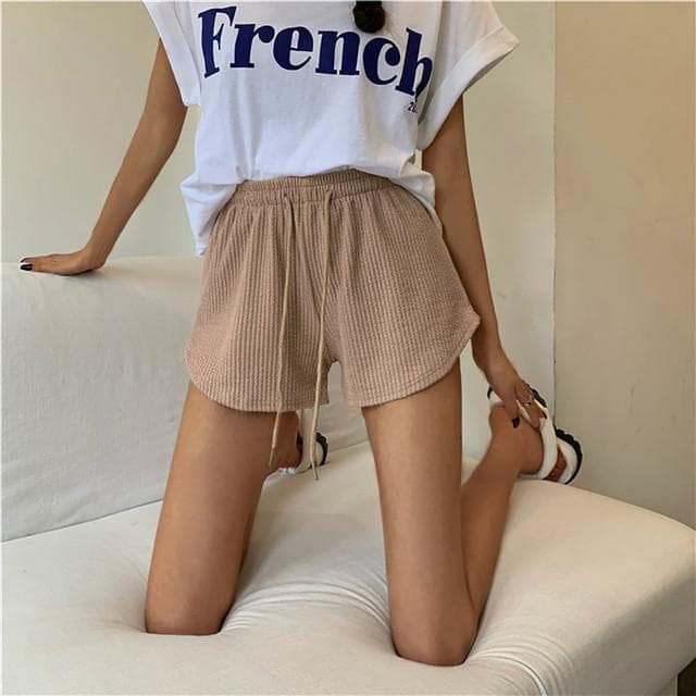 Women Shorts Summer High Elastic Lace Up Drawstring Wide Leg Sweat Short Fitness Running Shorts Loose Casual Large Sports Pants M coffee