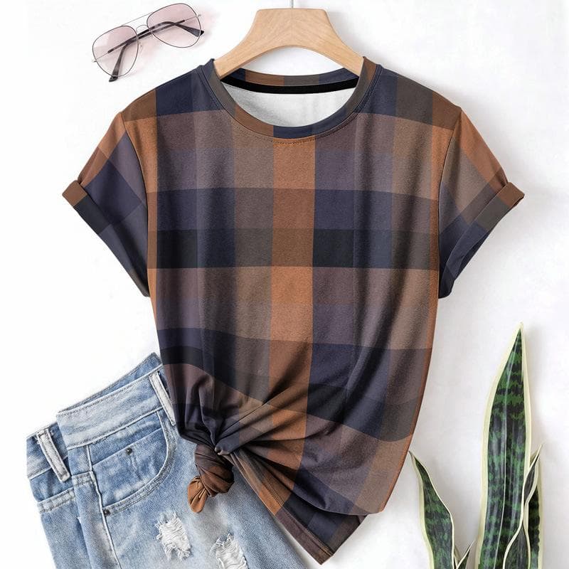 Striped Casual Sports Women's T-shirt Summer Round Neck Short Sleeved Element Pattern Checkered Loose Fit T-shirts 6XL