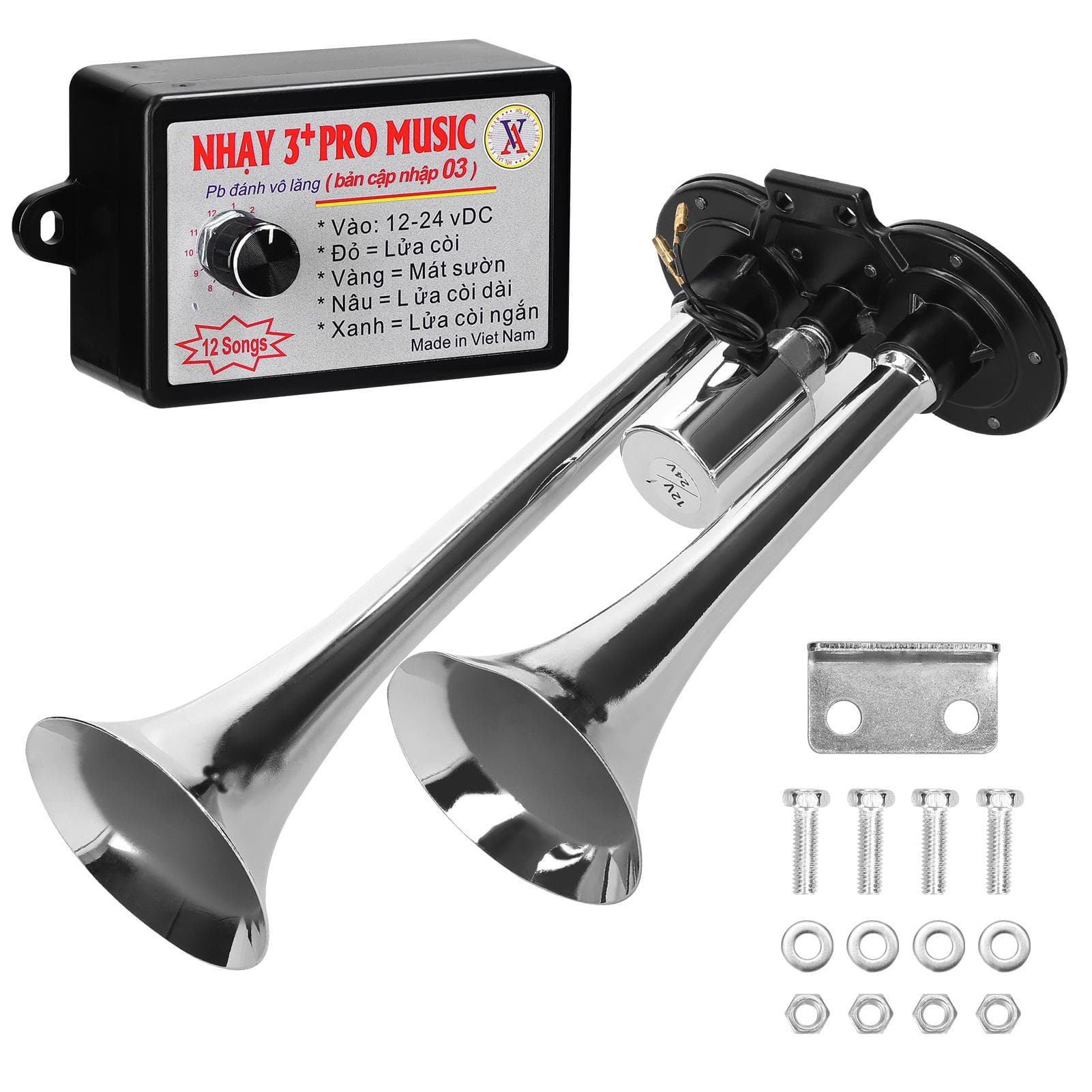 110dB Dual Trumpet Air Horn Loud Electric Horn 12-24V with 12 Sounds Horn Controller for Car Truck silver