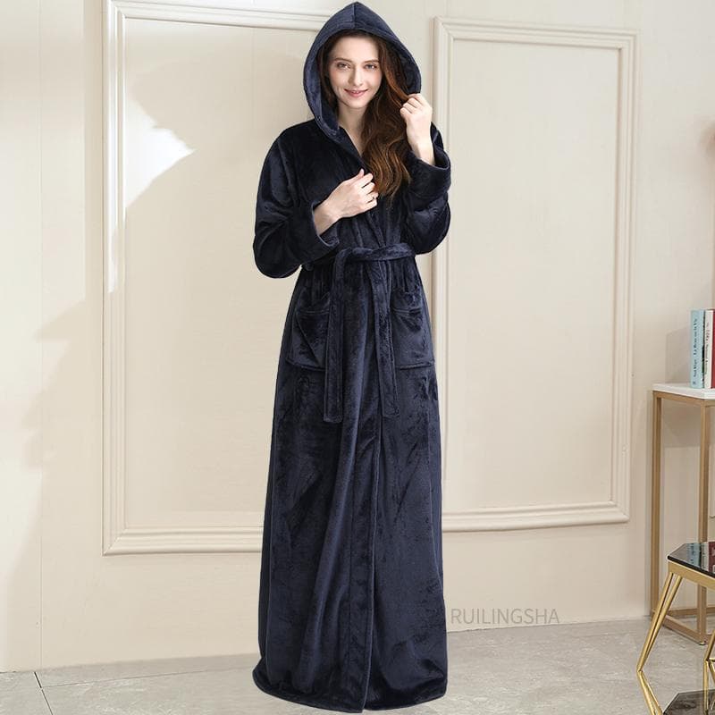 Lovers Extra Long Hooded Warm Flannel Bathrobe Winter Women Men Plus Size Thick Coral Fleece Bath Robe Bride Cozy Dressing Gown M