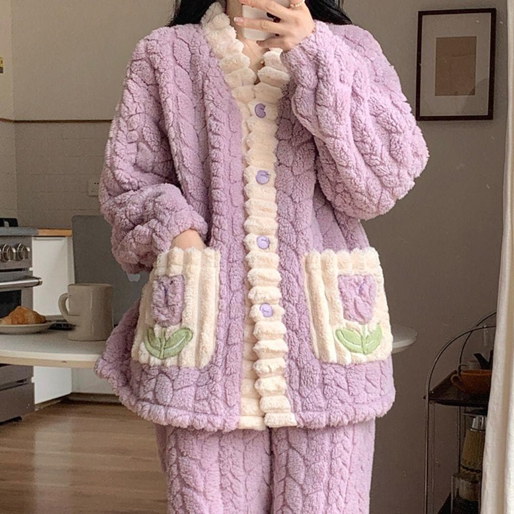 Plush Fleece Pajama Set Patchwork Lounge Clothes Set Warm Pajamas Flannel Pajamas Women's Home Furnishings 2XL
