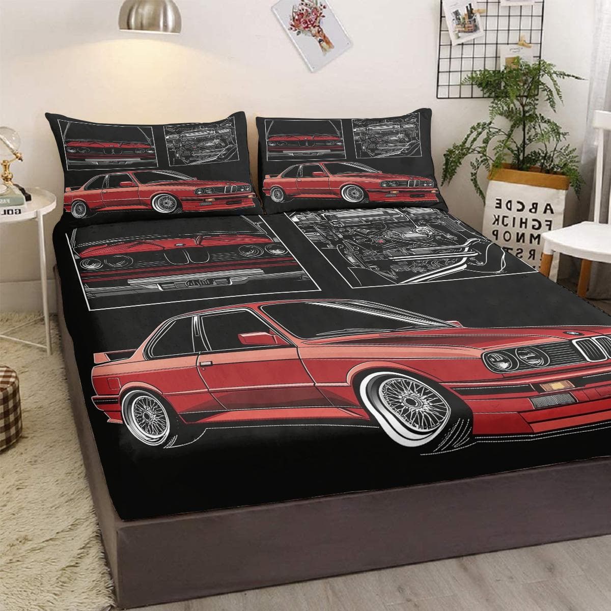 Red Car Pattern 3-Piece Bed Set For Resumption Of Work, With Two Pillowcases, Suitable For Living Room And Bedroom (Fun, Retro) 99cmx199cm