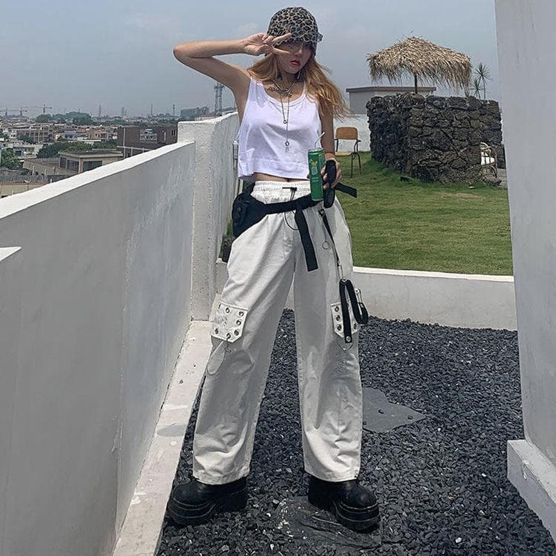 Women's Gothic High Waist Cargo Pants Punk Chain Overalls Women's Hip Hop Streetwear S white