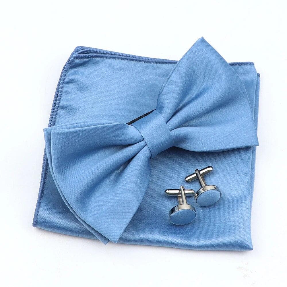 Solid Color Mens Bowtie Handkerchief Cufflinks Set Polyester Butterfly Wedding Party Dinner Accessories