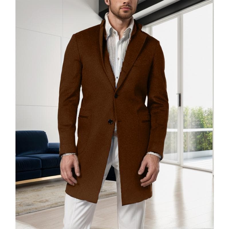 Autumn and Winter Men's British Style Mid-length Woolen Coat Single-breasted Long-sleeved Woolen Coat Windbreaker 2XL