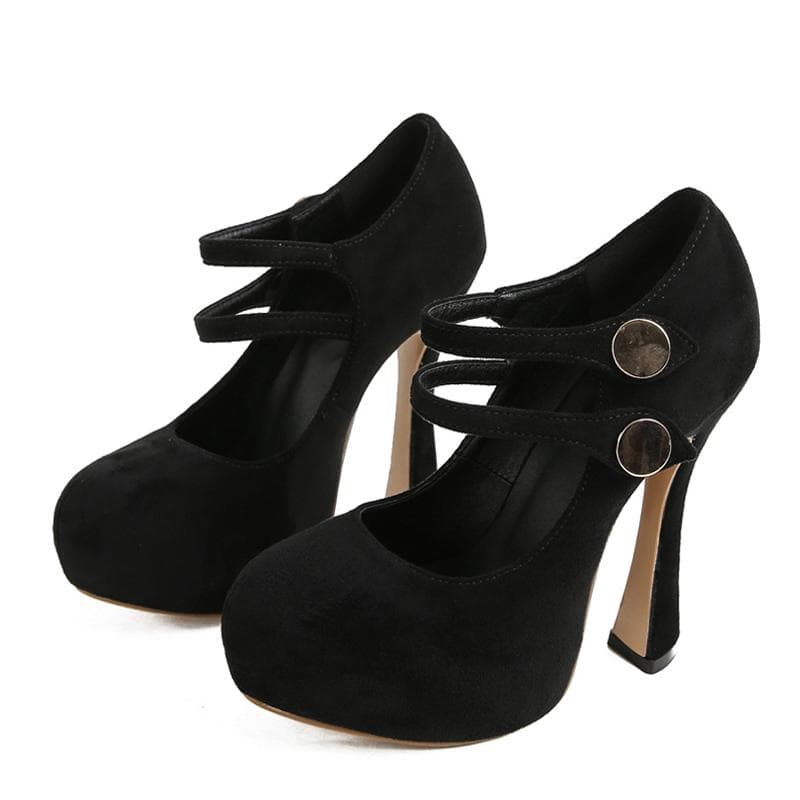 Liyke Fashion Chic Double Buckle Strap Women Platform Pumps Sexy Black Round Toe 13CM Super High Heels Party Club Stripper Shoes 35