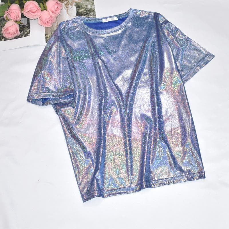 Korean Glitter Silk Loose Fit T-Shirt - Trendy Large Size Short-Sleeve Top for Women and Students M blue