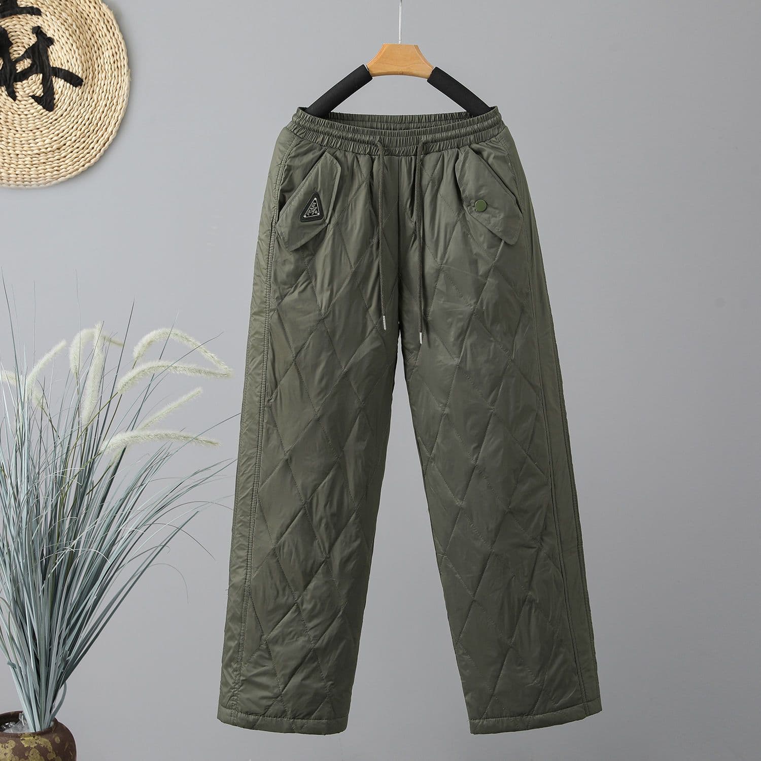 Fashionable Down Cotton Pants for Women To Wear Outside In Winter, Simple and Cotton Casual Straight Leg Pants, Long Pants 3XL army green
