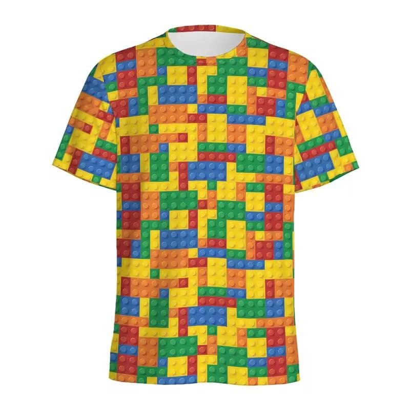Retro Building Block 3D Printed T Shirt Men Jigsaw Puzzle Video Games Pattern T-Shirt Loose Street Short Sleeves Y2k Tee Shirts M