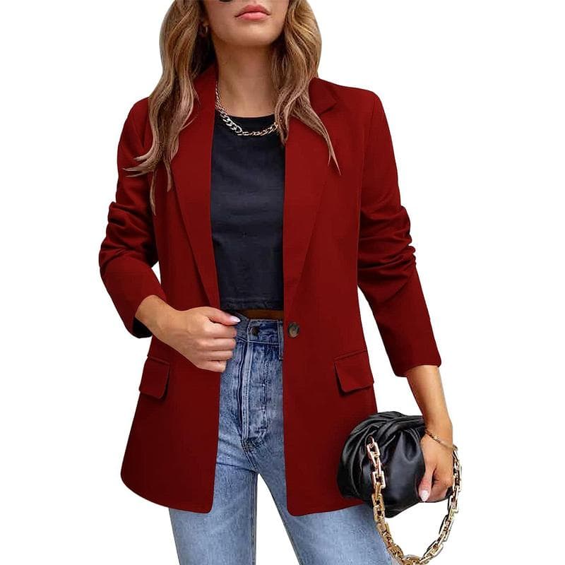 Women Business Jackets Long Sleeve Blazer Ladies Open Front Work Casual Plain Coats S wine red