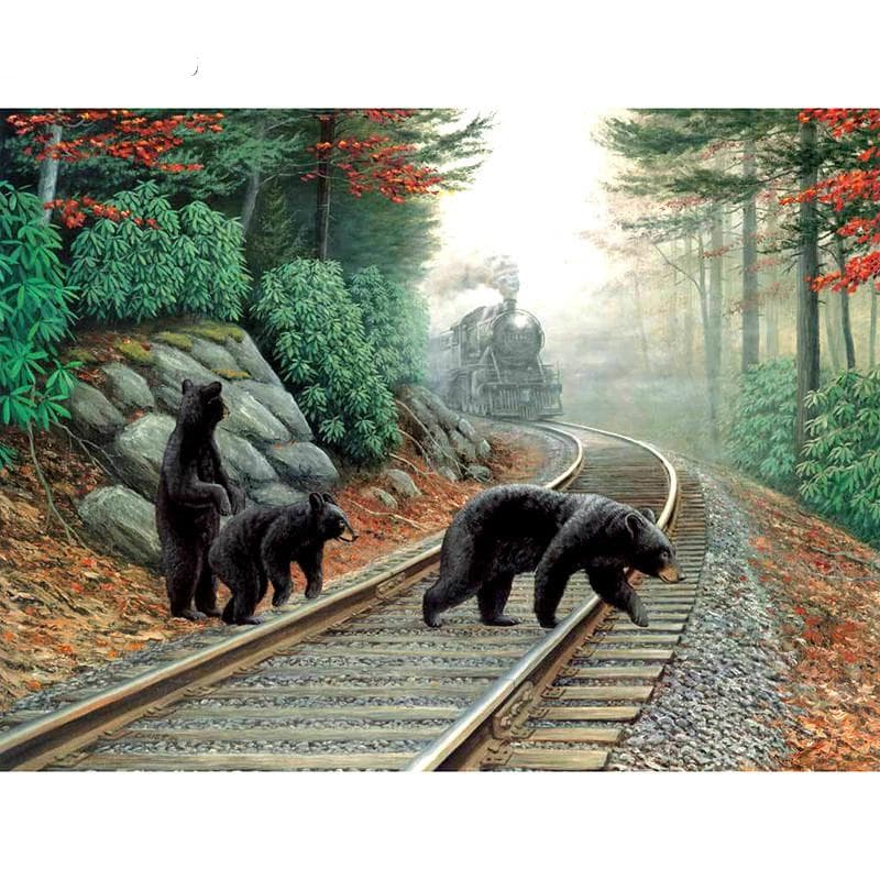 5D DIY Diamond Painting Bear on Railway Embroidery Mosaic Cross Stitch Rhinestone Decoration 20X30CM