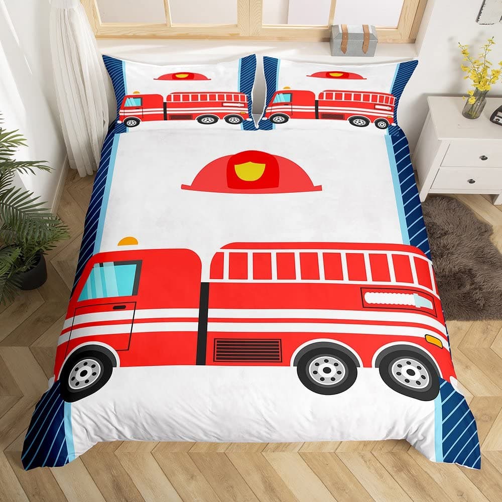 Fire Truck King Queen Duvet Cover Cartoon Police Car Bedding Set for Kids Boys Firefighter Quilt Cover Polyester Comforter Cover 135x200cm 2pcs