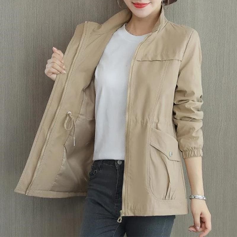 Double Layer Women Windbreaker Spring Autumn Short Coat Fashion Plus Size Stand-Up Collar Ladies Jacket M khaki
