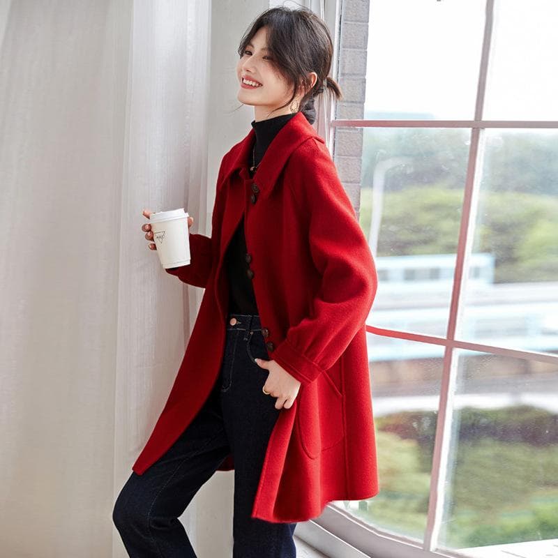 Red Retro Woolen Coat New Style Trendy Doll Collar A-line Loose Woolen Coat for Women M