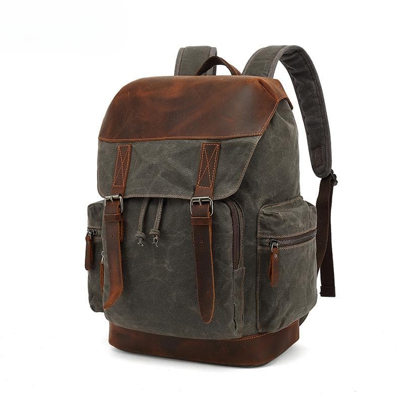 Travel Backpacking Student Outdoor Backpack with Crazy Leather Vintage Travel Bag Waterproof Oil Wax Canvas gray