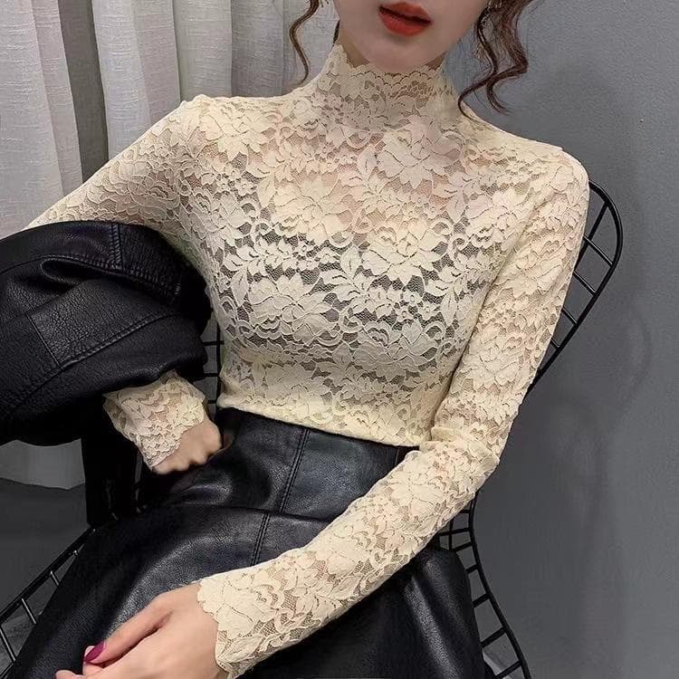 Autumn/Winter Lace Mesh Turtleneck Slim-Fit Women's Long-Sleeved Top M (70-95 jin)