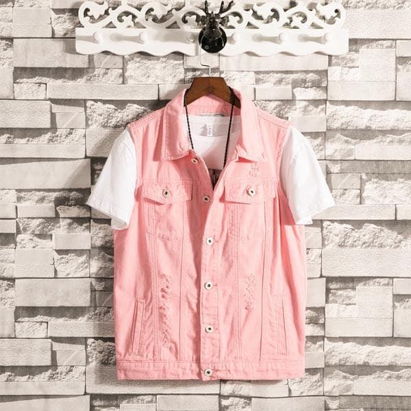 3 Colors Vintage Mens Sleeveless Ripped Jeans Vest Denim Waistcoats Plus Size S-5XL 5XL pink