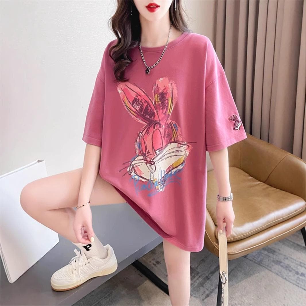 Short Sleeve T-Shirt Women's Summer Crew Neck Pullover Butt Cover Medium and Long Half Sleeve T-Shirt Top XXXL