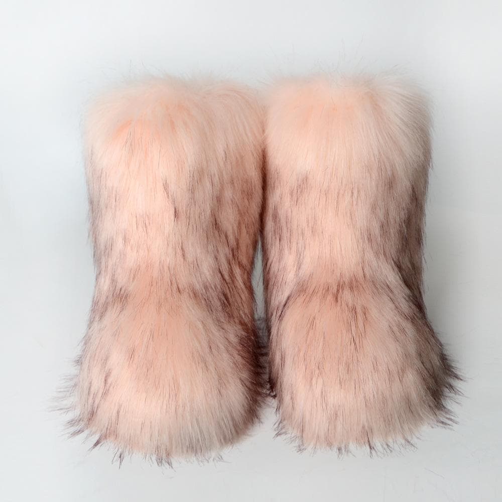 Women's New Winter Fur One-piece Imitation Raccoon Fur Warm Snow Boots Furry Shoes Outdoor Boots 39 pink