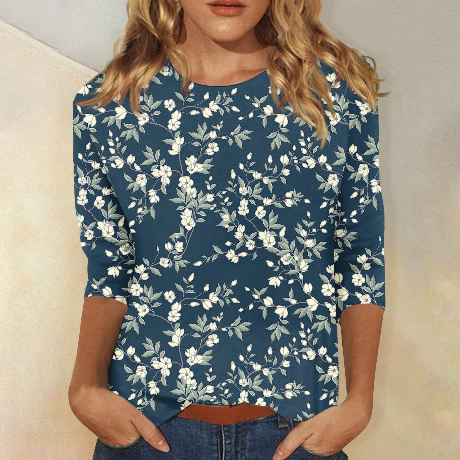 Women Summer Tops Comfortable T Shirt Fashion Flower Print Round Neck 3/4 Sleeve Tops Soft Versatile Pullover Ropa De Mujer L