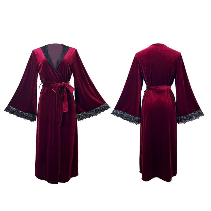 Sexy Lace Up Velour Long Robe Nightwear Women's Sleepwear Burgundy Kimono Bathrobe Gown Intimate Lingerie Autumn New Homewear S