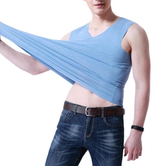 M Wardrobe Plus Size Men Sporty Solid Color Sleeveless V Neck Slim Seamless Vest Tank Top L light blue