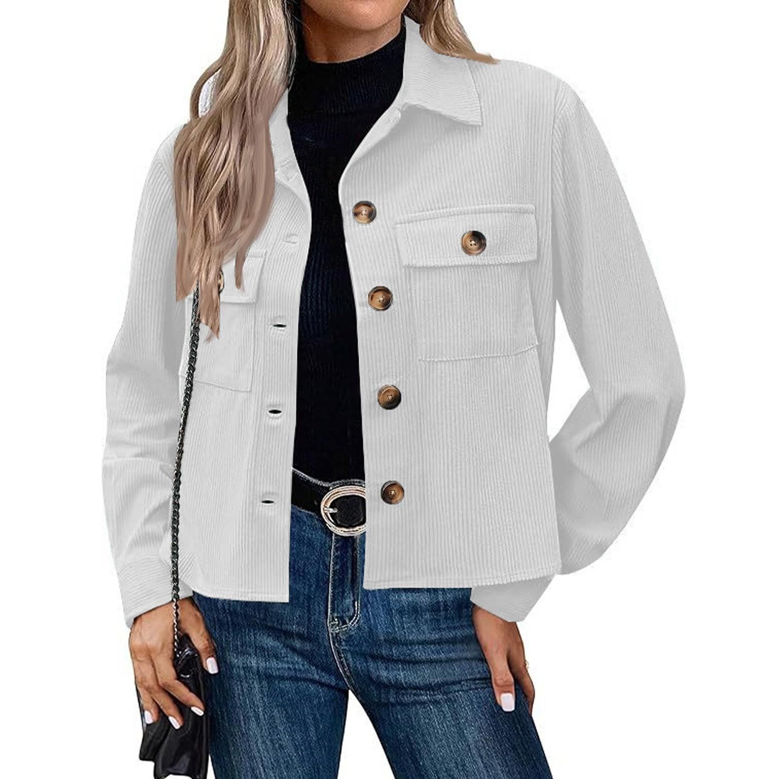 Women's Solid Color Casual Short Corduroy Button Jacket M white