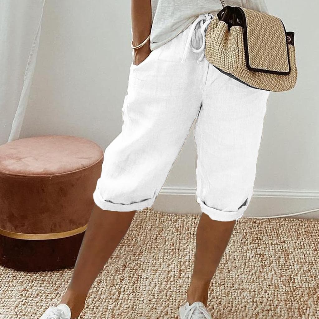 Women Shorts Vintage Style Knee-length Pants with Pockets for Women Breathable Elastic Waist Trousers Solid Colors Five Pants S white