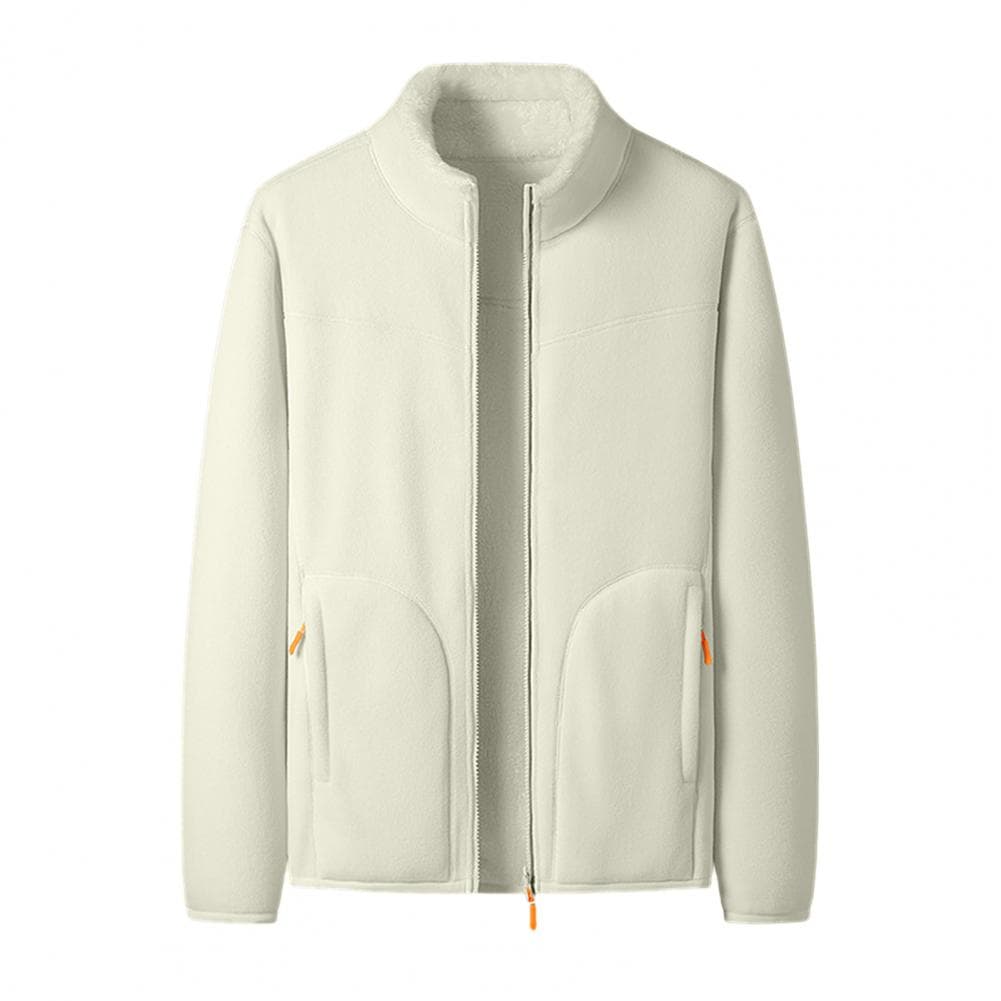 Fall Winter Men Jacket Stand Collar Zipper Closure Long Sleeve Thick Coral Fleece Cardigan Soft Pure Color Plus Size Cold Resist L white