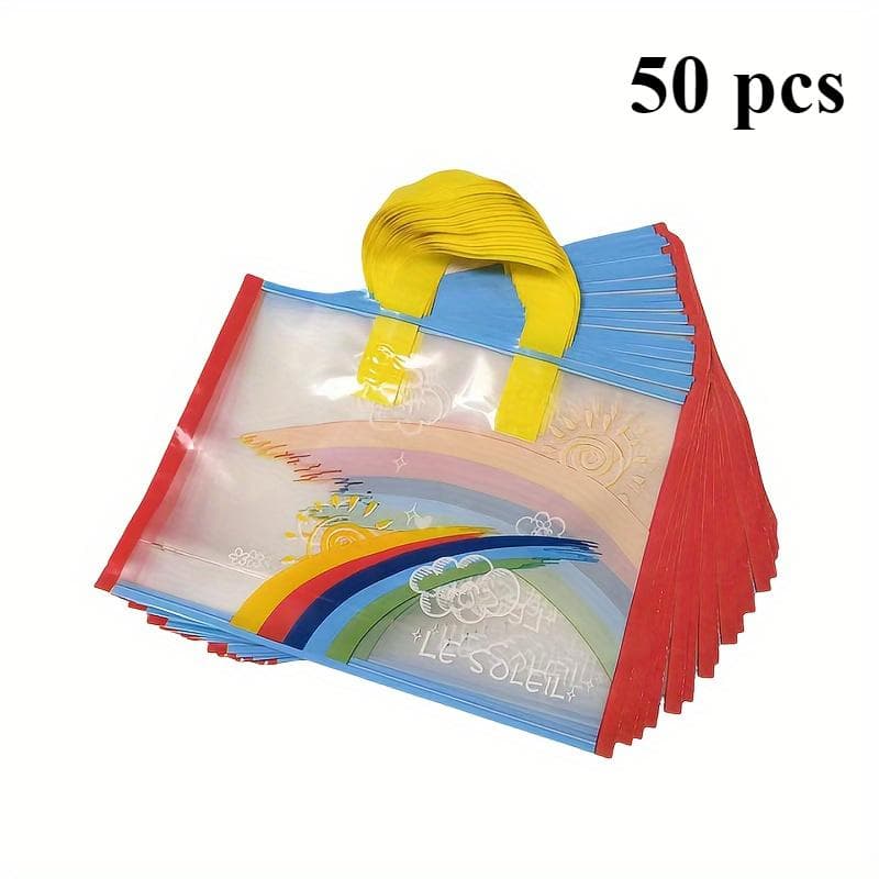Set of 50, Clear, PE Material Gift Bags with Rainbow Design, Lightweight and Durable Shopping Bags for Shopping, Weddings, Birthdays and Festivals Pack of 50 multicolour