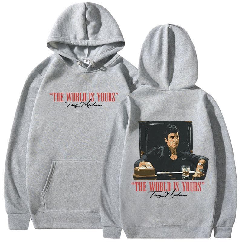 Classic Scarface Movie Hoodies For Men And Women Vintage Gothic Pullover Oversized Sweatshirts The World Is Yours Tony Montana XL gray