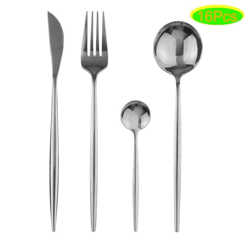 16Pcs Black Cutlery Set 18/0 Stainless Steel Dinnerware Set Kitchen Gold Tableware Set Knife Fork Spoon Flatware 16pcs silver