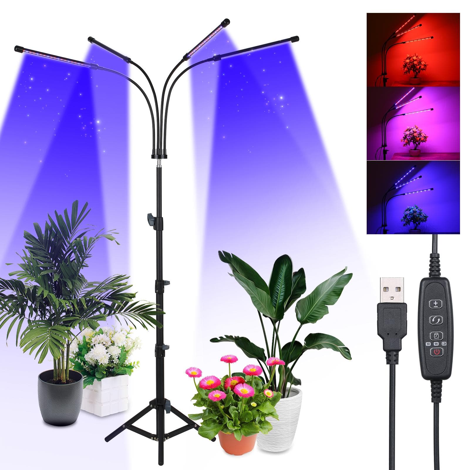4-Headed LEDs Grow Light with Adjustable Tripod Stand Full Spectrum Plant Growing Lamp 10 80W 80LEDs