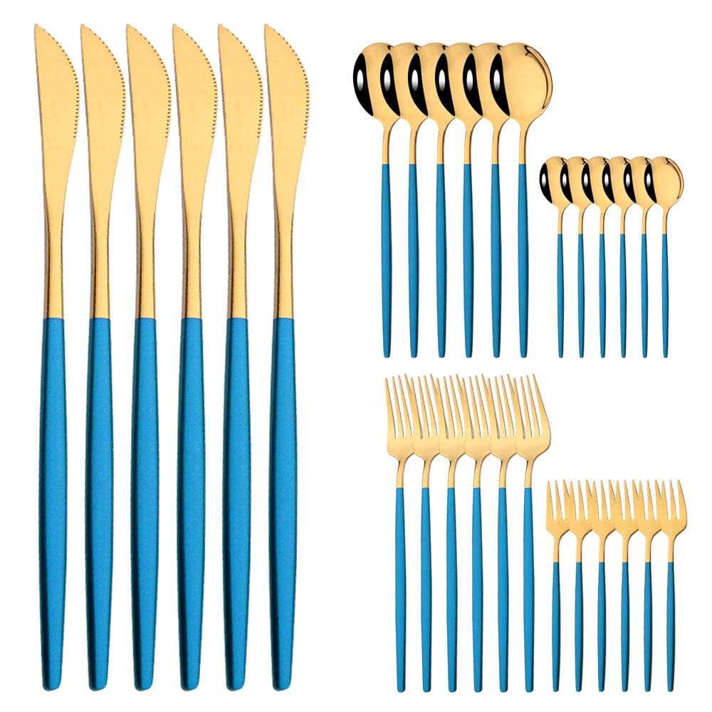 30Pcs Black Gold Cutlery Set Knife Cake Fork Spoon Dinnerware Set Flatware Stainless Steel Silverware Party Kitchen Tableware gold/blue