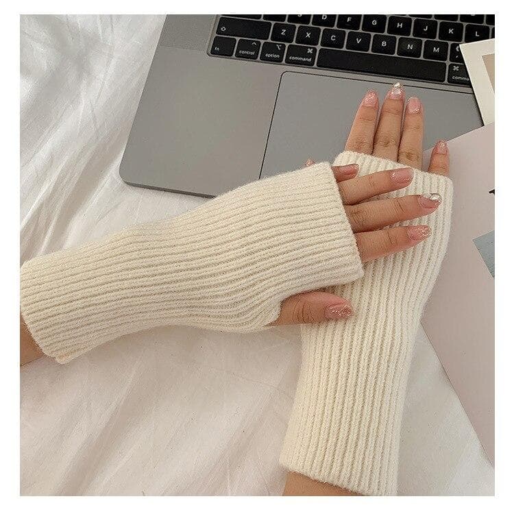 Women's Solid Half Finger Gloves, Winter Soft and Warm Wool Knitted Arm Gloves beige