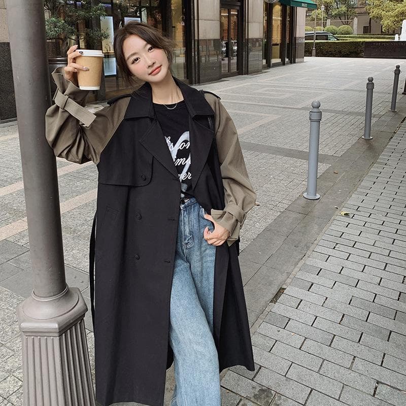Mid-length Windbreaker Coat for Women In Autumn New Style Belted Waist Slimming Coat XL black