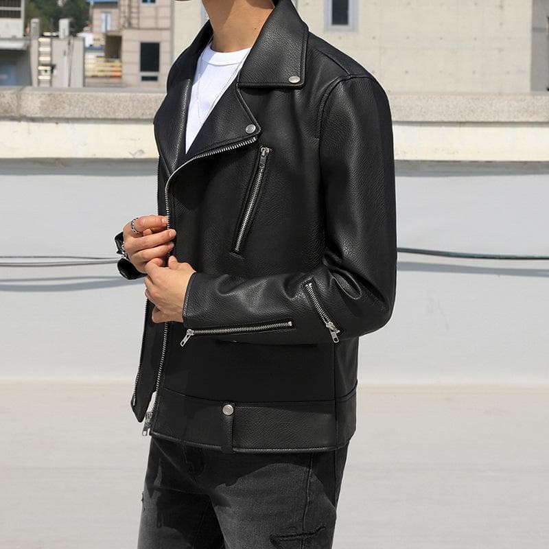 Leather Jacket Men's Trendy Korean Leather Jacket Men's Youth Slim-fit Stand-up Collar Motorcycle Jacket Spring and Autumn Jacket for Men L black