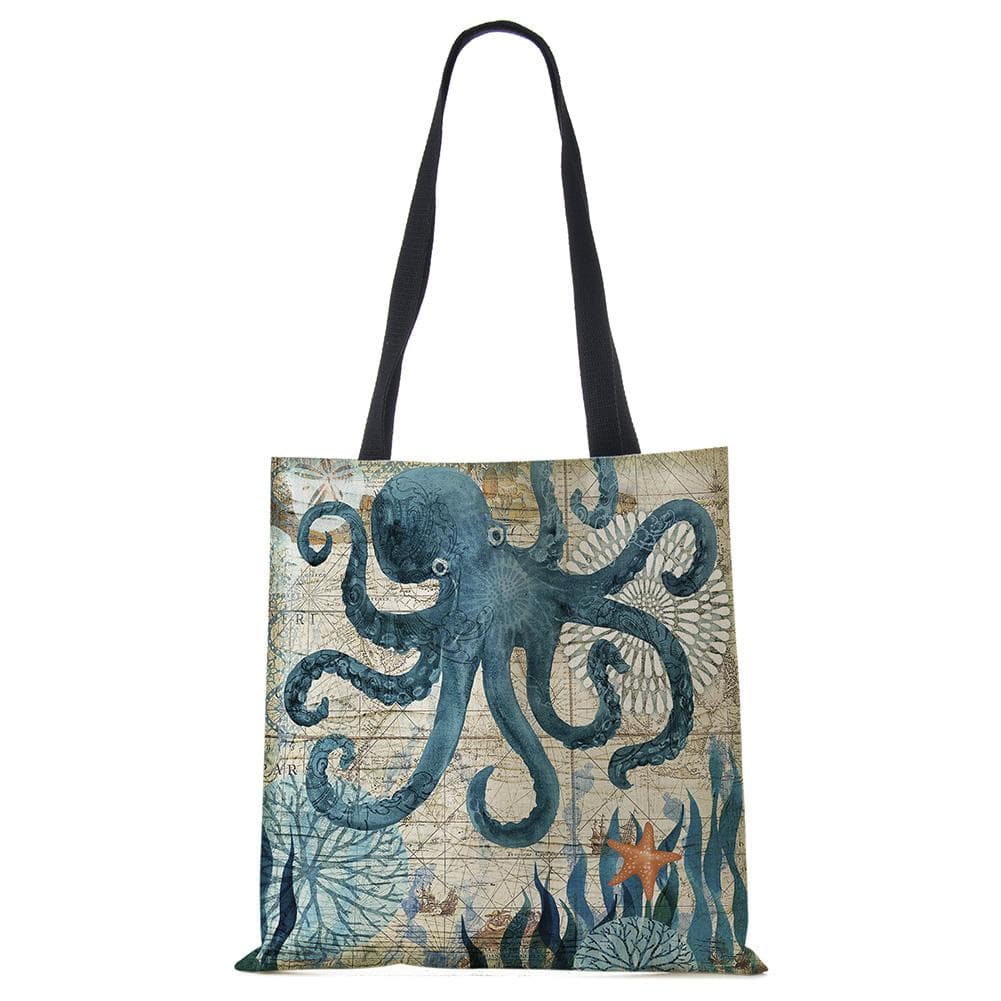 Customize Tote Bag Seahorse Turtle Octopus Print Traveling Shoulder Bags Eco Linen Shoulder Bags For Women With Print