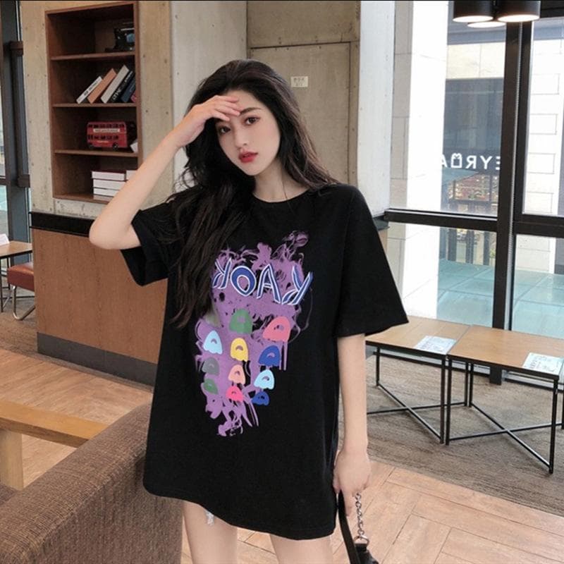 New Summer Black T-shirt for Women's Short-sleeved Fashionable Loose Korean Mid-length Printed Shirt XXXL black