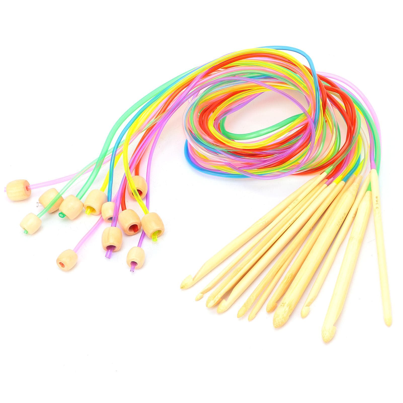 Tunisian Crochet Hook Carbonized Bamboo Crochet Needle Circular Knit with Bead for Carpet Rug