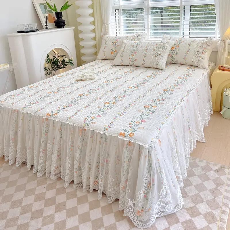 French Pastoral Printed Quilted Bed Skirt Lace Embroidered Thick Bedspread Dust Proof Bedding with Cotton Anti Slip Bed Sheet 150x200cm bed skirt