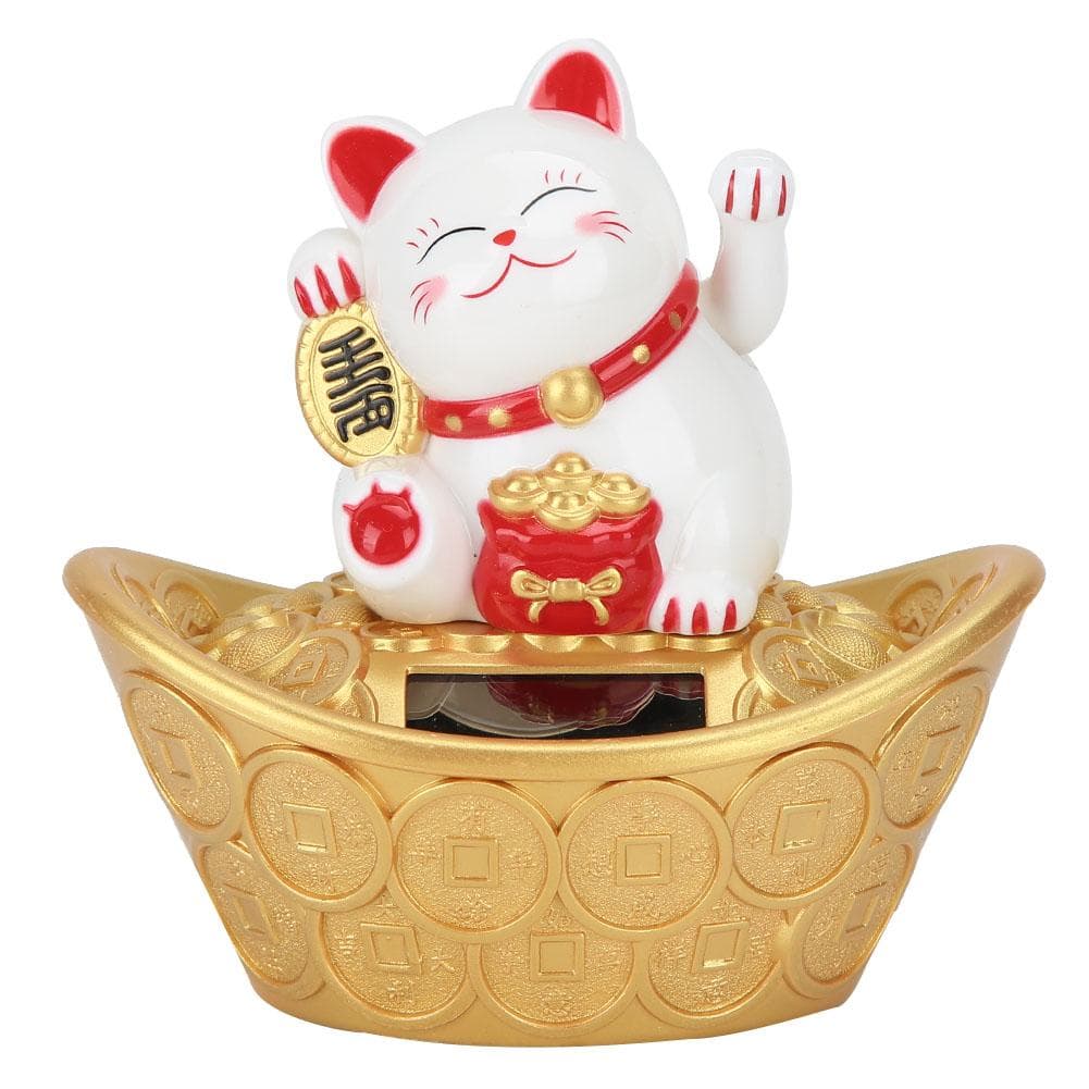 Solar Powered Cute Cartoon Fortune Cat Waving Welcoming Cat Decor for Home Restaurant ShopWhite white