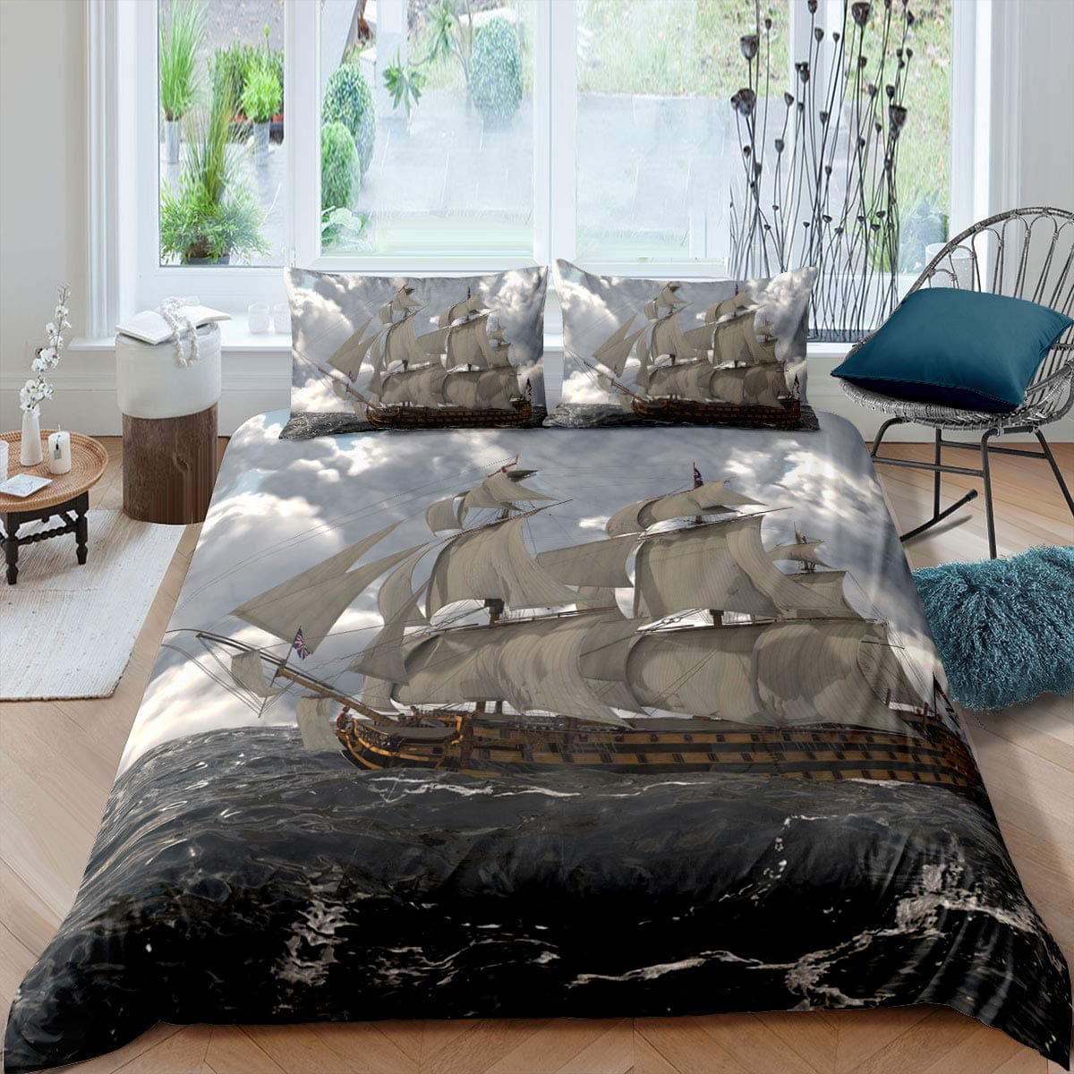 Nautical Sailboat King Queen Duvet Cover Coastal Sailing Boat Bedding Set Sea Adventure Comforter Cover Polyester Quilt Cover 135x200cm 2pcs