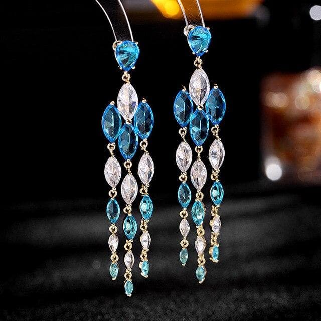 2022 New Statement Crystal Tassel Dangle Earrings for Ladies Cubic Zirconia Temperament Sweet Long Earings Luxury Jewelry blue
